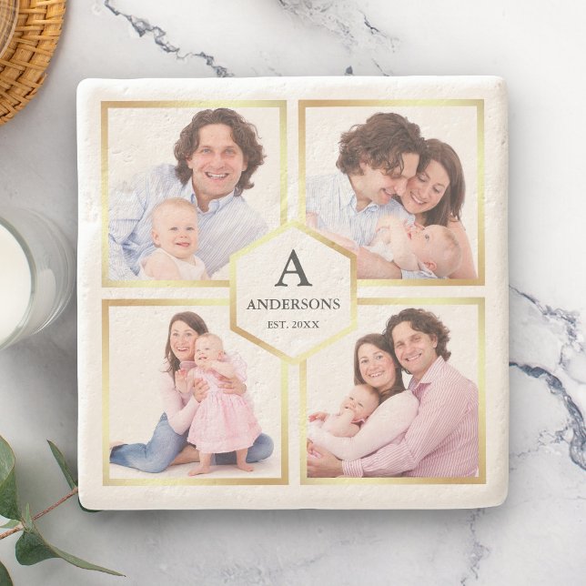 White and Gold 4 Pictures Family Photo Collage Stone Coaster (Creator Uploaded)