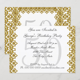 White and Gold 50th Birthday Party White Invitation