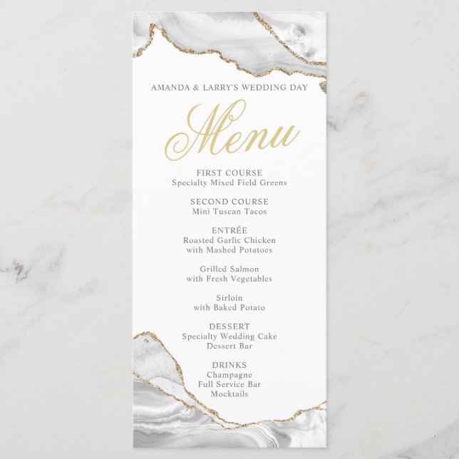White and Gold Agate Menu Card (Front)