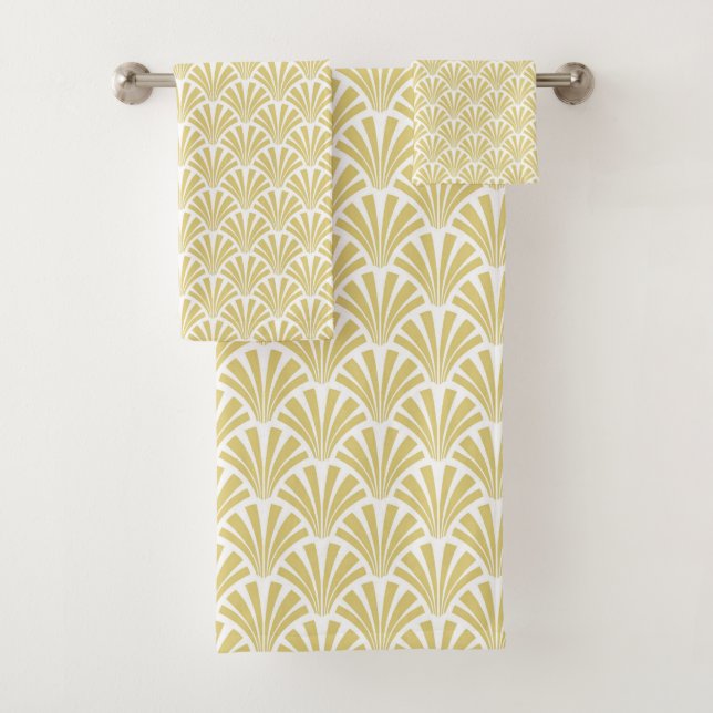 White and gold art-deco abstract flower pattern bath towel set (Insitu)