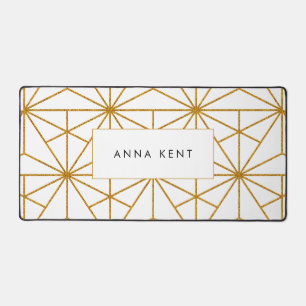 White and gold art deco geometric pattern desk mat