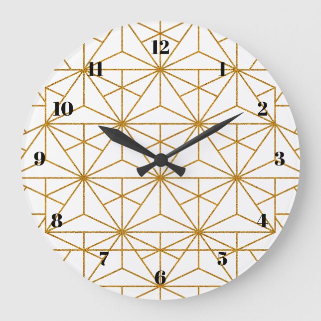 White and gold art deco geometric pattern large clock (Front)