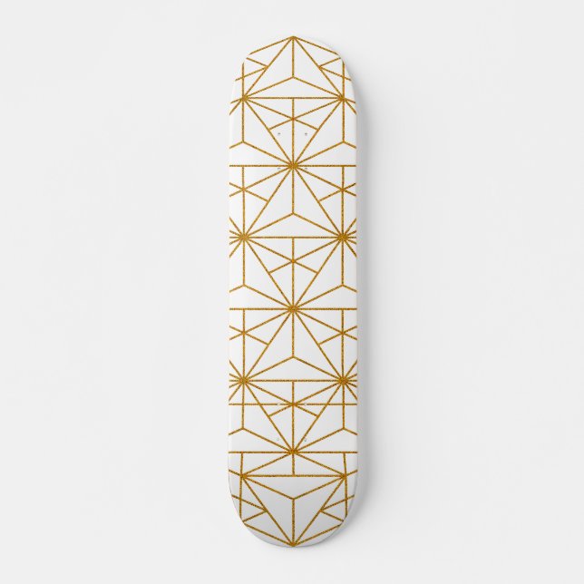 White and gold art deco geometric pattern skateboard (Front)