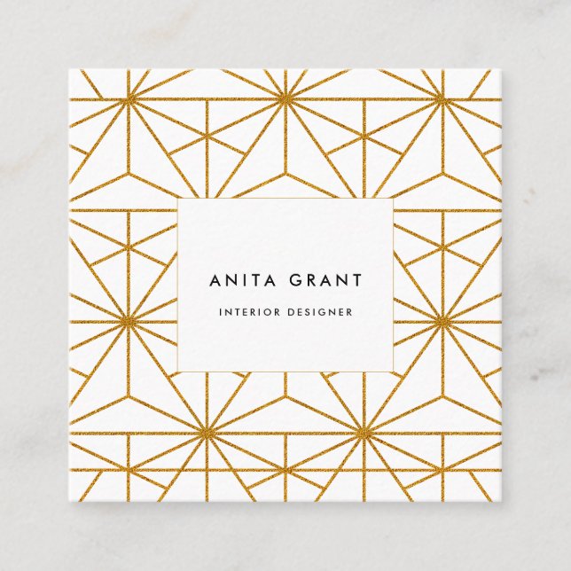 White and gold art deco geometric pattern square business card (Front)