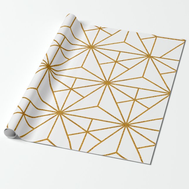 White and gold art deco geometric pattern wrapping paper (Unrolled)