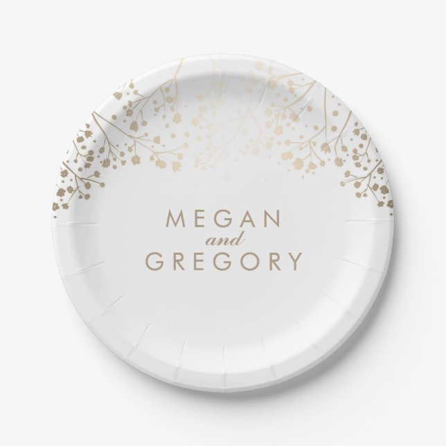 White and Gold Baby's Breath Wedding Paper Plate (Front)