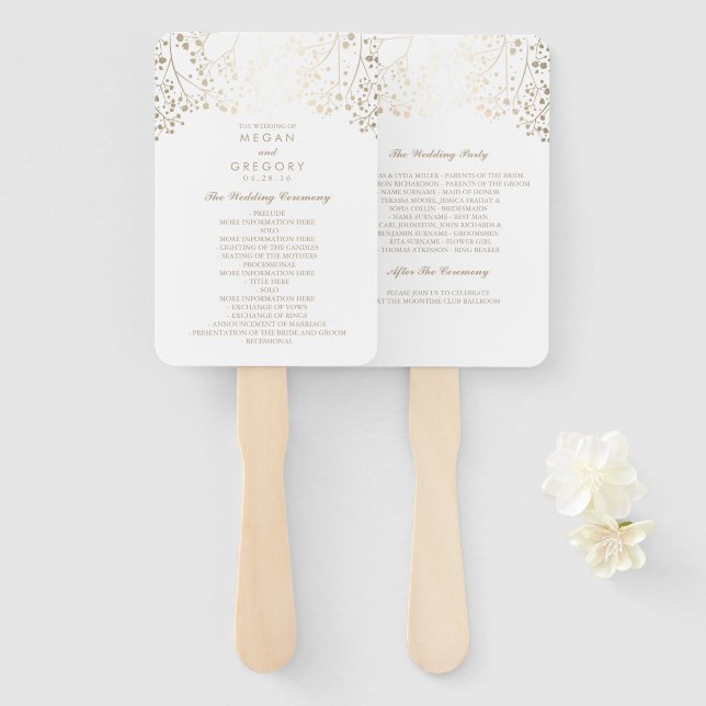 White and Gold | Baby's Breath Wedding Program Hand Fan (Front and Back)