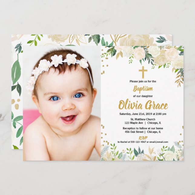 White and gold baptism christening photo invitation (Front/Back)