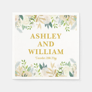 White and Gold Boho Bohemian Chic Greenery Wedding Napkin