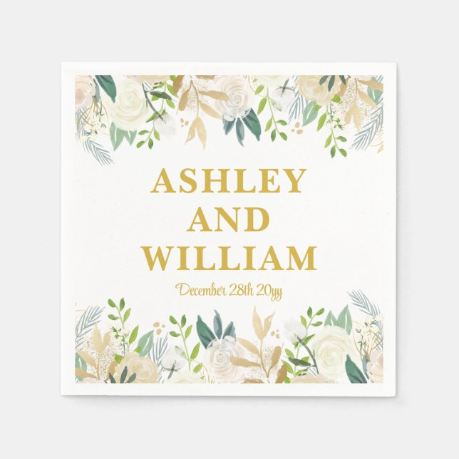 White and Gold Boho Bohemian Chic Greenery Wedding Napkin (Front)