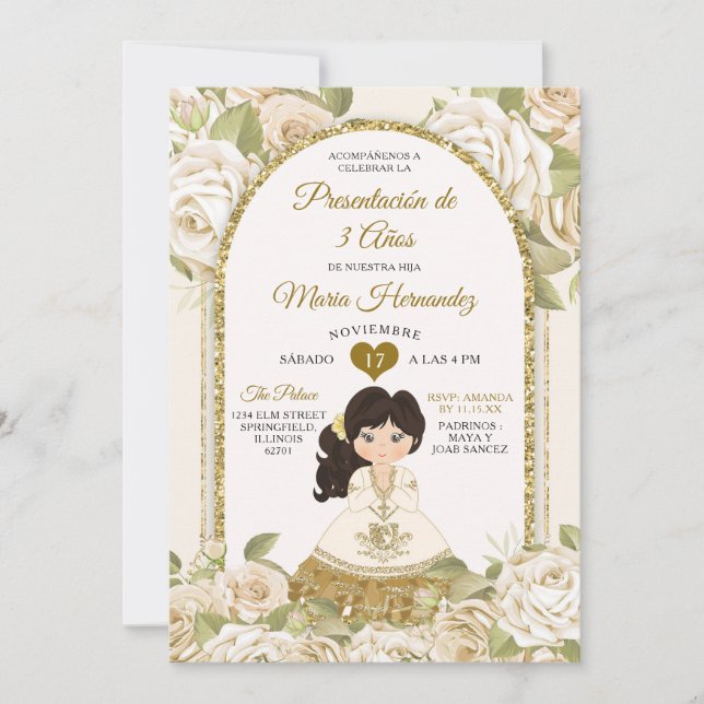 White and Gold Boho Mexican Floral Girl Tres Anos Invitation (Front)