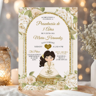 White and Gold Boho Mexican Floral Girl Tres Anos Invitation