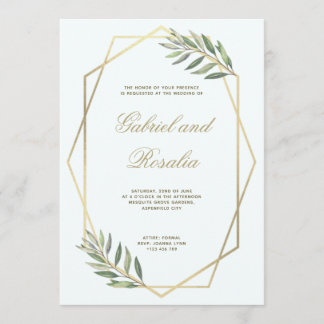 White and Gold Bordered Geometric Floral Wedding Invitation