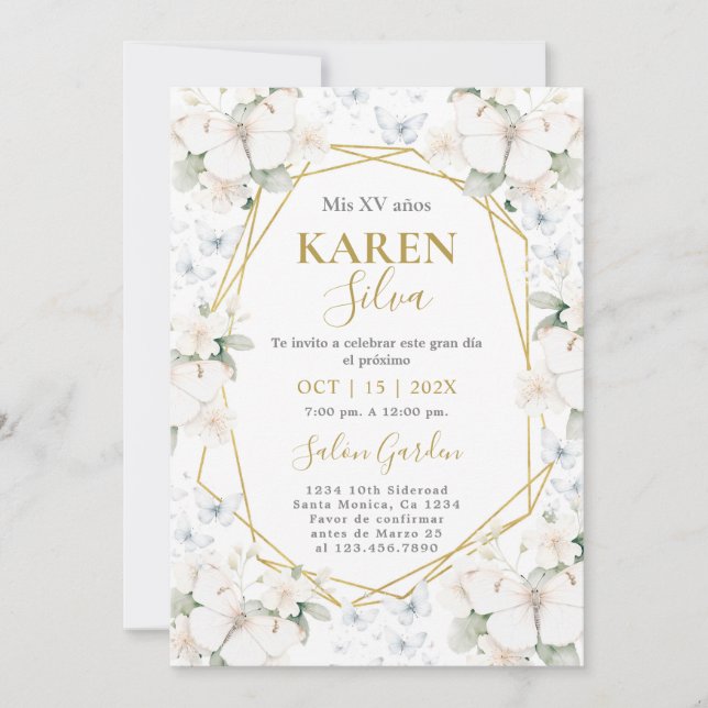 White and gold Butterfly Quinceanera Invitation (Front)
