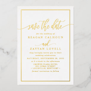 White And Gold Calligraphy Save The Date Foil Card