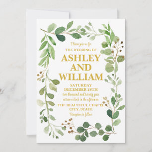 White and Gold Chic Greenery Boho Bohemian Wedding Invitation
