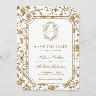 White and Gold Chinoiserie Crest Photo Wedding Save The Date