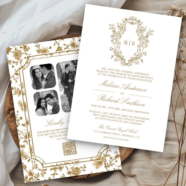 White and Gold Chinoiserie Crest QR Code Wedding Invitation (Creator Uploaded)