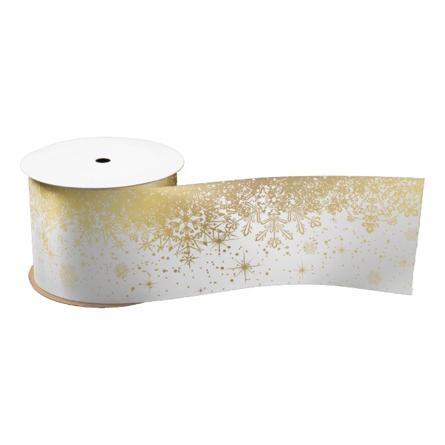 White and Gold Christmas Snowflakes Satin Ribbon (Spool)