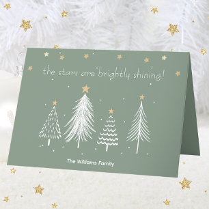 White and Gold Christmas with Family Name Green Holiday Card