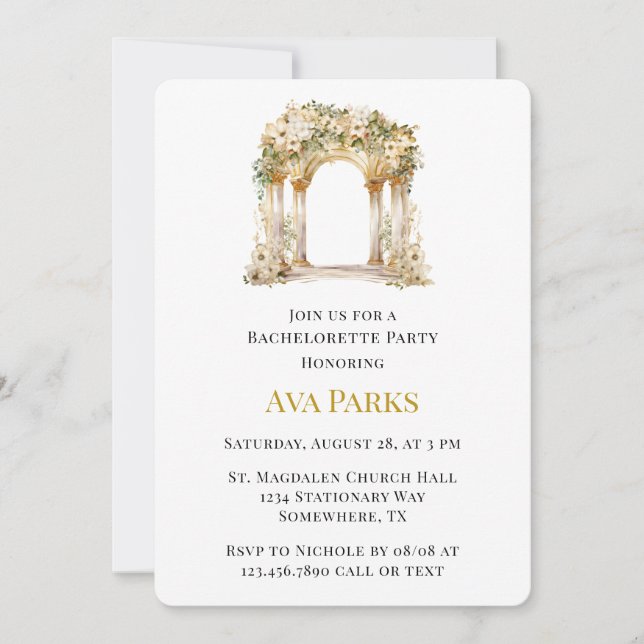 White and Gold Church Bachelorette Party Invitation (Front)
