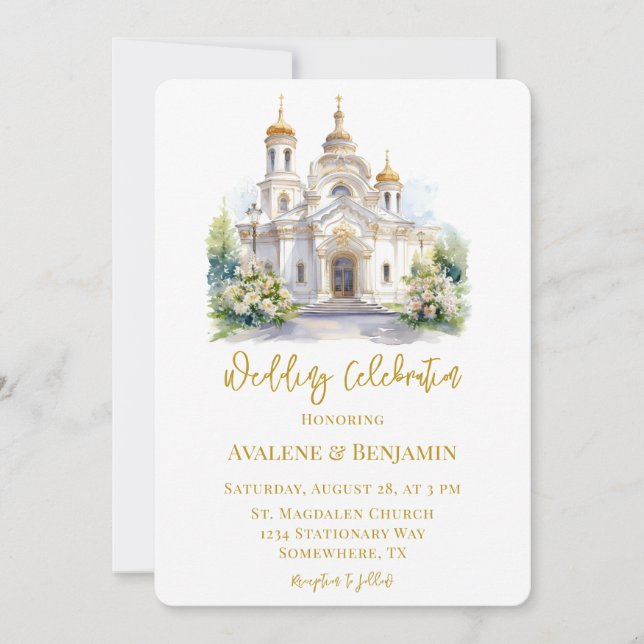 White and Gold Church Wedding Celebration  Invitation (Front)