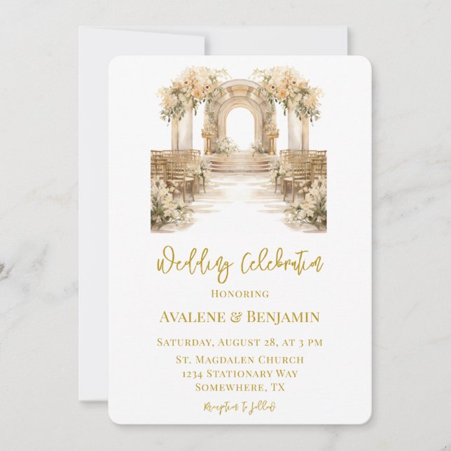 White and Gold Church Wedding Celebration  Invitation (Front)