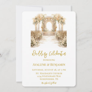White and Gold Church Wedding Celebration  Invitation