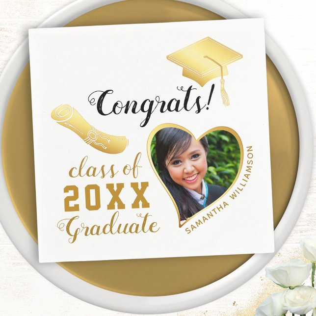 White and Gold Class 2025 Photo Graduation Napkin (Creator Uploaded)