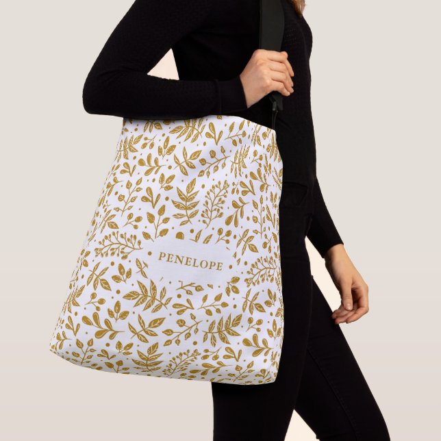 White and Gold Colour Botanical with Name Crossbody Bag (Close Up)