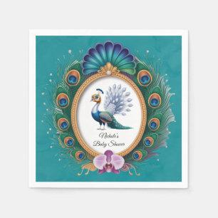 White and Gold Colourful Peacock Baby Shower Napkin