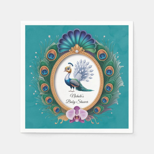 White and Gold Colourful Peacock Baby Shower Napkin (Front)