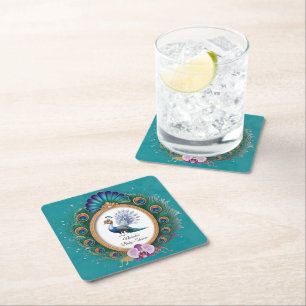 White and Gold Colourful Peacock Baby Shower Square Paper Coaster