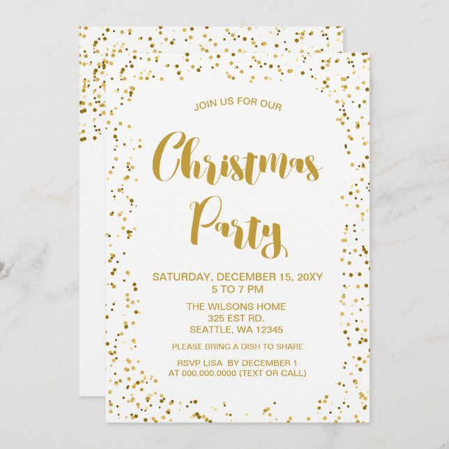 White and Gold confetti Modern Christmas Party Invitation (Front/Back)