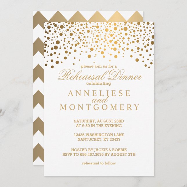 White and Gold Confetti Rehearsal Dinner Invitation (Front/Back)