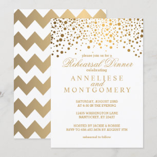 White and Gold Confetti Rehearsal Dinner Invitation