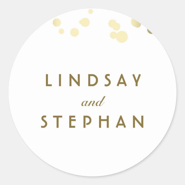 White and Gold Confetti Wedding Classic Round Sticker (Front)