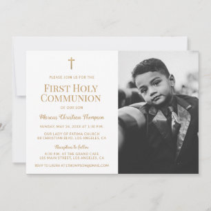 White and Gold Cross Boy First holy communion Invitation