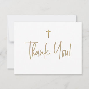 White and Gold Cross Boy name First communion Thank You Card
