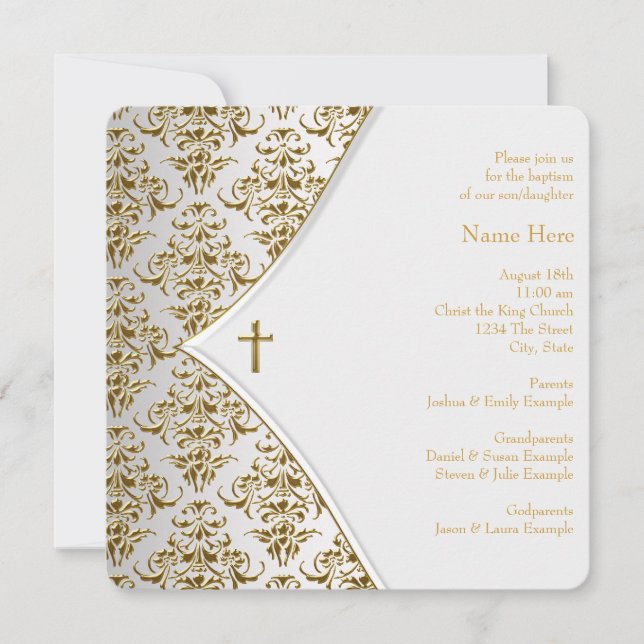 White and Gold Cross Christening Invitation (Front)
