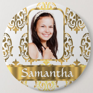 White and gold damask 6 cm round badge