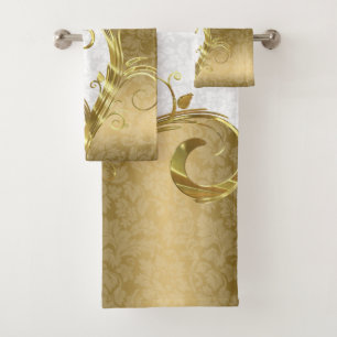 White and Gold Damask Bath Towel Set