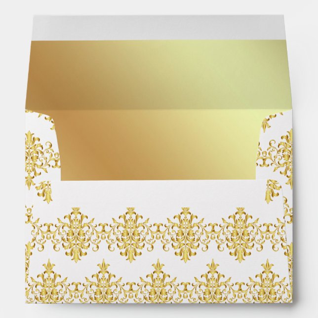 White and Gold Damask Faux Gold Foil Envelope (Back (Bottom))