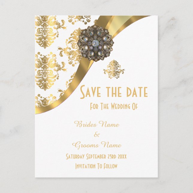 White and gold damask save the date announcement postcard (Front)