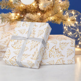 White and Gold Elegant Christmas Trees Wrapping Paper