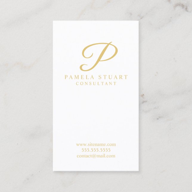 White and Gold Elegant Monogram Business Card (Front)