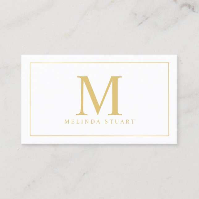 White and Gold Elegant Monogram Business Card (Front)