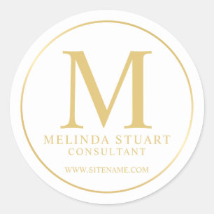 White and Gold Elegant Monogram Business Classic Round Sticker