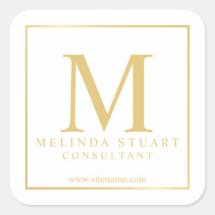 White and Gold Elegant Monogram Business Square Sticker