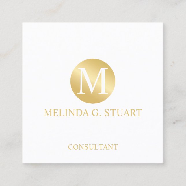 White and Gold Elegant Monogram Square Business Card (Front)